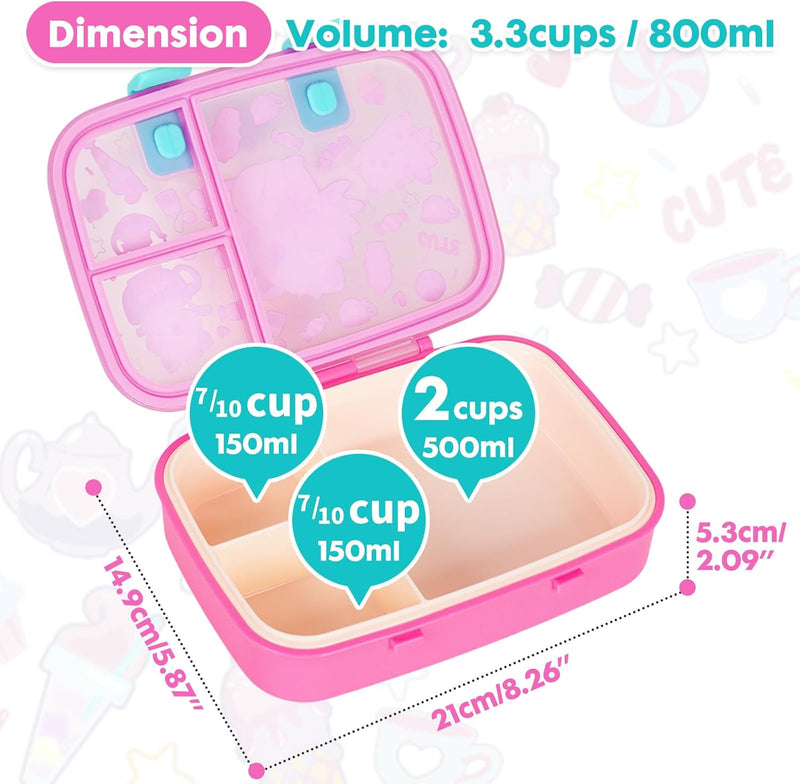Cute Cartoon Bento Lunch Box for Kids, 800ml/27oz BPA-Free Leak-Proof Food Containers with 3 Compartments, Dishwasher Safe, Back to School Students Lunches Size for Ages 4-8