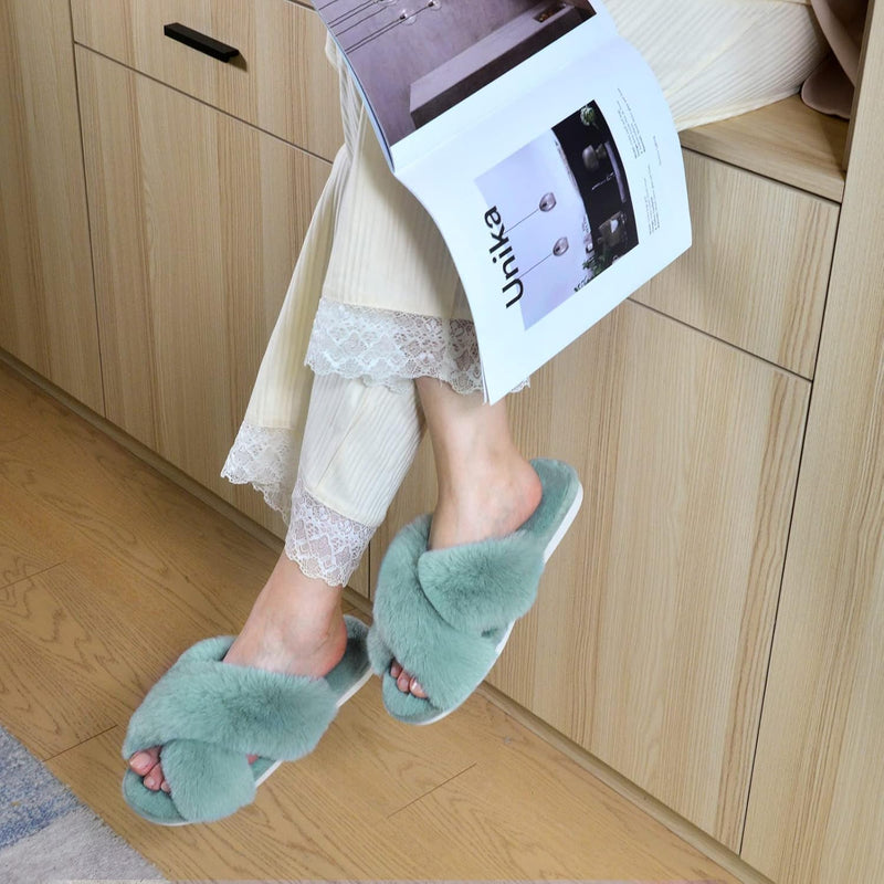 Women's Cross Band Slippers Soft Plush Furry Cozy Open Toe House Shoes Indoor Outdoor Faux Rabbit Fur Warm Comfy Slip On Breathable