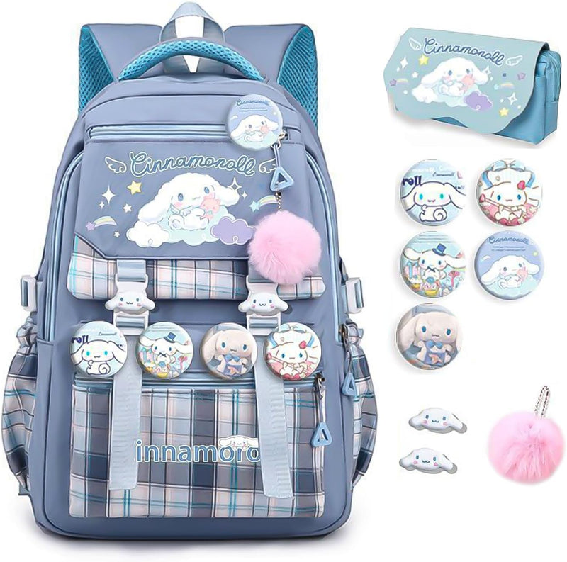 Kawaii Backpack with 1 Pen Pouch, 5 Badges, 2 DIY Pins, 1 Furball - Large Capacity Cute Children's Backpack for School & Travel - Anime Kids Backpack Nylon for Primary Junior School