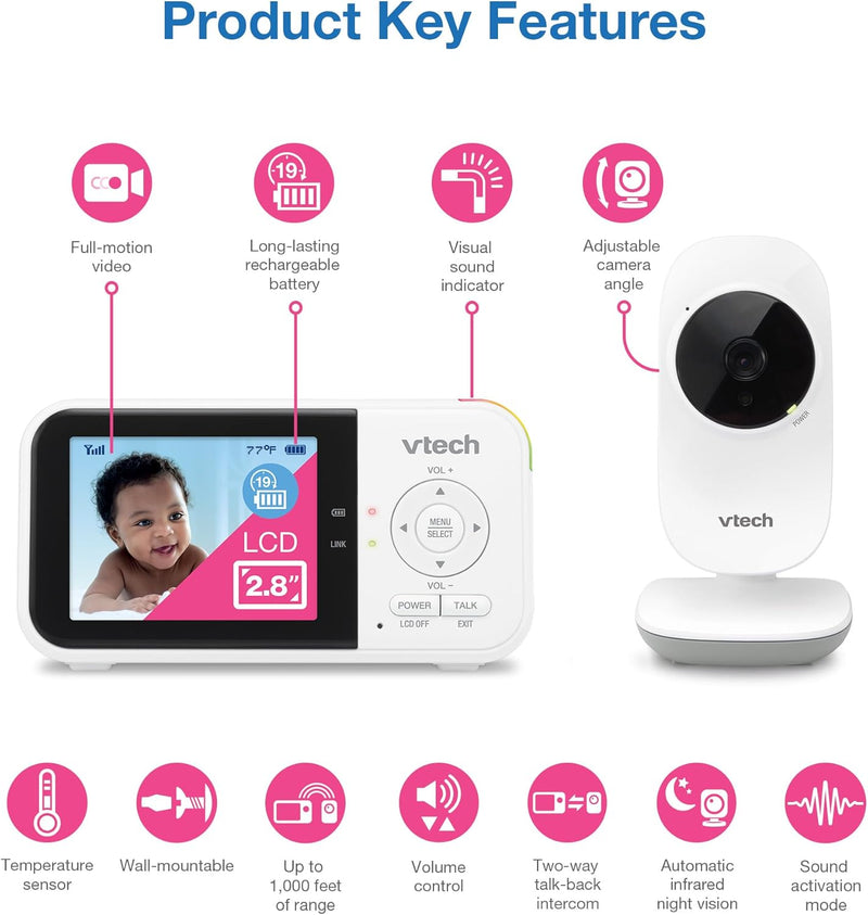 VTech VM819 Baby Monitor with Camera and Audio, 2.8” Screen Portable Baby Camera, Night Vision, 2-Way Audio, Temperature Sensor and Lullabies, Secure Transmission No WiFi, Ideal for Baby/Elderly/Pet