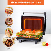 Stainless Steel Panini Grill Maker with Non-Stick Plates, Cord-Warp for Storage, Drip Tray, Indicator Lights for Power and Ready - 2 Year Warranty