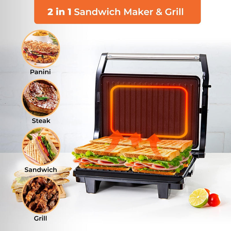 Stainless Steel Panini Grill Maker with Non-Stick Plates, Cord-Warp for Storage, Drip Tray, Indicator Lights for Power and Ready - 2 Year Warranty
