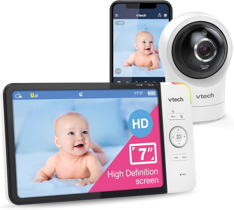 VTech RM7764-2HD 1080p Smart WiFi Remote Access 2Camera BabyMonitor, 360° Pan&Tilt, 10X Zoom, 7” 720p HD Display, HD NightVision, Soothing Sounds, 2-Way Talk, Temperature&Motion Detection, iOS&Android