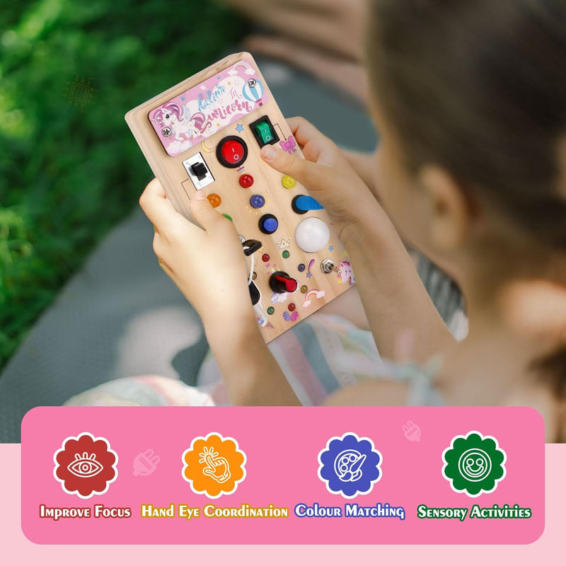 Hoarosall Montessori toys Clock Wooden Busy Board with 11 LED Light switches, Tooddler Toys Sensory Toys Travel Toys for 1+ Year Old Baby and Toddler