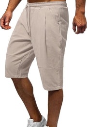 Men's Long Linen Shorts Below Knee Pocketed 3/4 Summer Drawstring Capri Pant - 02 Khaki