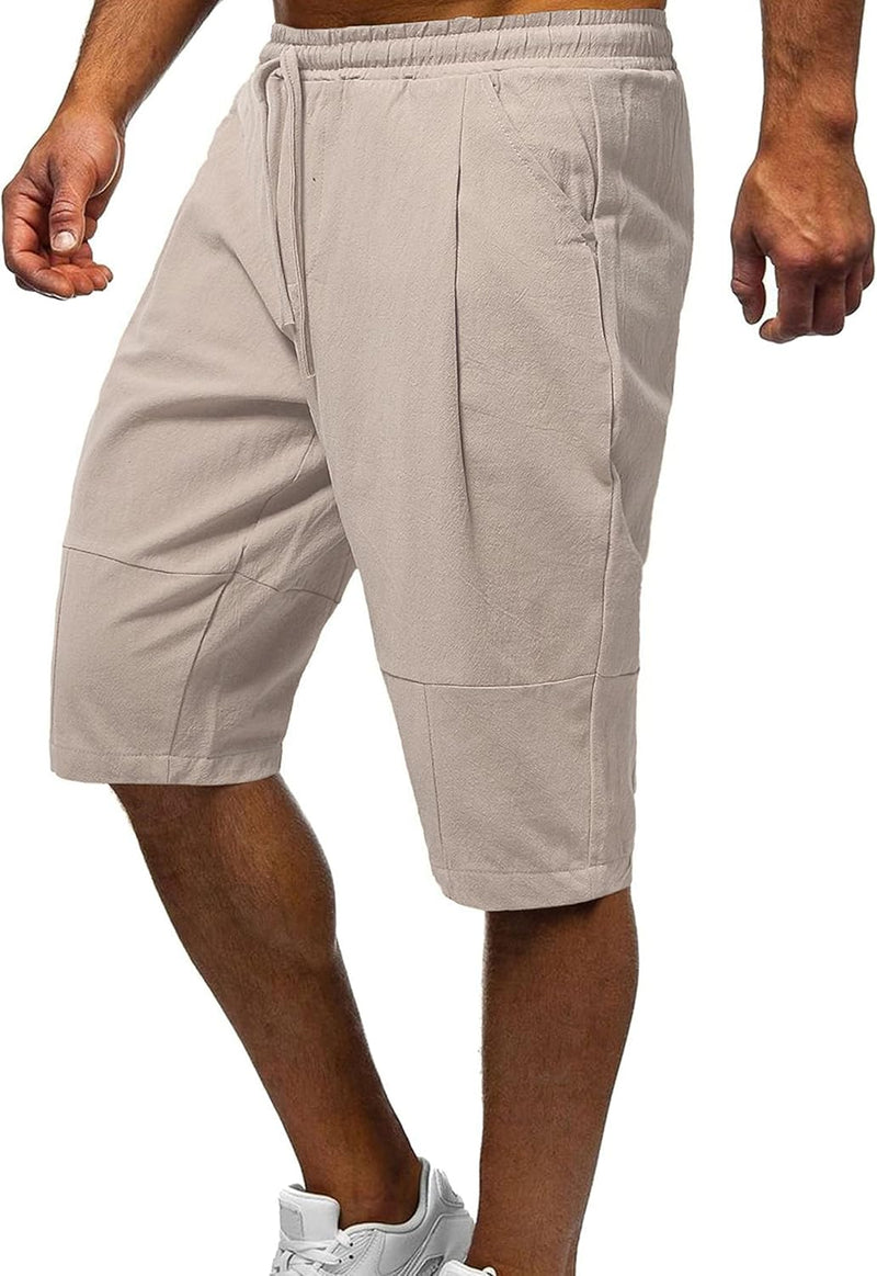 Men's Long Linen Shorts Below Knee Pocketed 3/4 Summer Drawstring Capri Pant - 02 Khaki