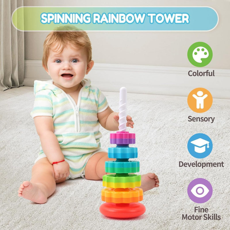 Baby Spinning Stacking Toys, 1-3 Rainbow Ring Stacker Montessori Toys for Babies, Sensory Toys for Toddlers, Christmas and Birthday Gifts Suitable for Boys and Girls