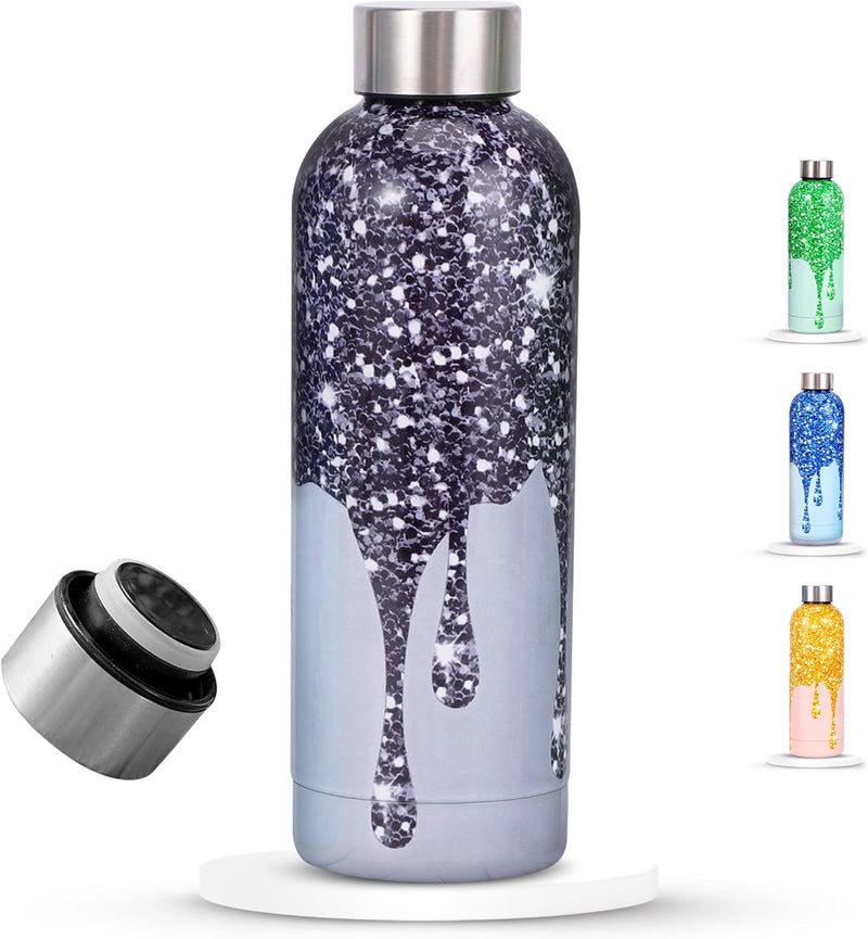Water Bottle Stainless Steel, Drinking Thermos Double Wall Insulated Water Bottles for Hot and Cold Water Kids School Hydro Flask Water Bottle for Gym Office Water Bottle (BEIGE 750ML) - SPARKLE BLACK 500ML