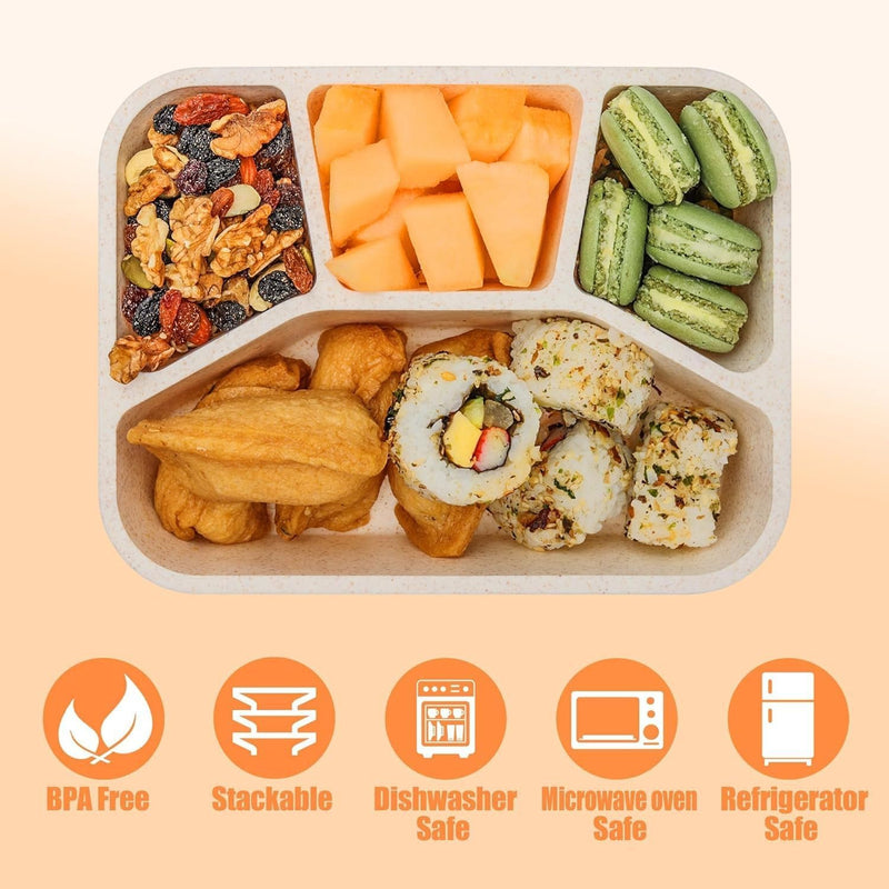 NimbusNote 4 Pack Bento Lunch Box, 4 Compartment Wheat Straw Meal Prep Containers for Kids/Toddle/Adults, BPA Free Reusable Food Snack Storage Containers, Durable Bento Box for School, Work and Travel