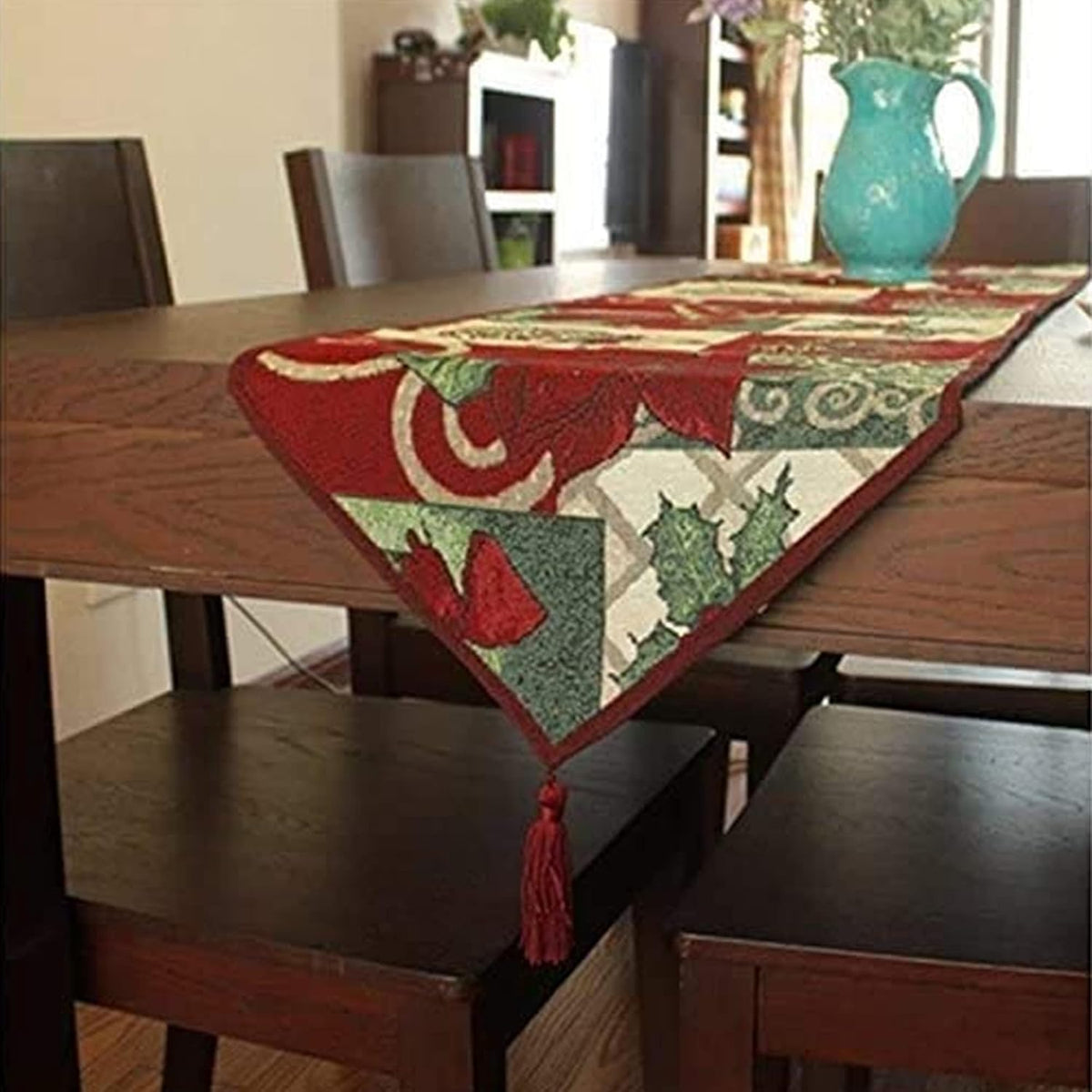 Sulfar Christmas Decorative Table Runner 13 x 71 inch Cotton Table Cloth with Tassels Floral Sofa Table Decor for Christmas & Thanksgiving Party – image 4