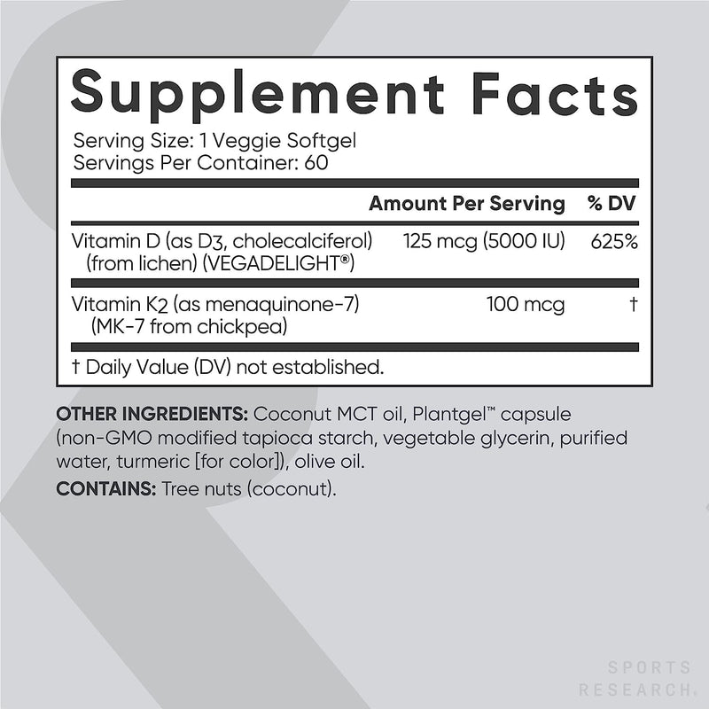 Vitamin K2 + D3, 100 mcg/5000 IU, 60 Veggie Softgels