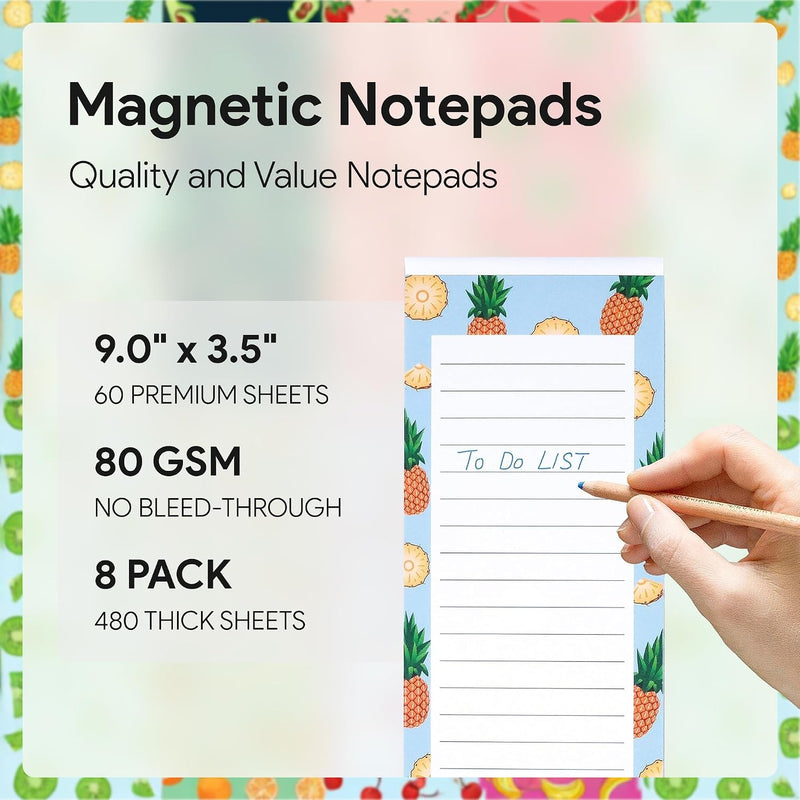8 Magnetic Notepads - Large Notepads for Grocery List, Shopping List, To-Do List, Reminders, Recipes -Magnetic Back- Memo Notepad with Realistic Fruit Designs 60 Sheets per Pad 9 x 3.5 inch (8 Pack) - pink, blue, green, purple