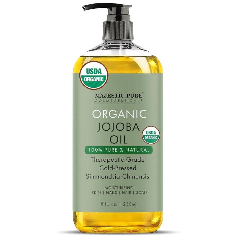 Majestic Pure Organic Jojoba Oil - Large 236 ML | 100% Pure and Natural, Cold-Pressed | Moisturizing for Skin Care, Massage, Hair Care, and to Dilute Essential Oils
