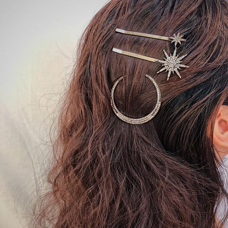 COOLive 6 Pieces Rhinestone Stars Moon Hair Clips Vintage Star Hairpins Crystal Decorative Bobby Pins Metal Alloy Hair Pins Snowflake Side Clip Hair Accessories for Women Girls (Silver, Gold)