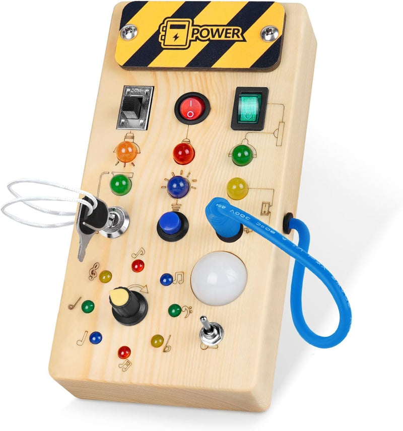 Hoarosall Montessori toys Clock Wooden Busy Board with 11 LED Light switches, Tooddler Toys Sensory Toys Travel Toys for 1+ Year Old Baby and Toddler
