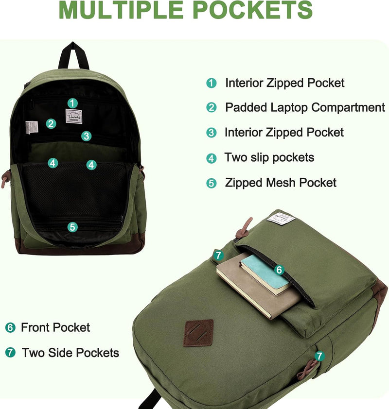 VASCHY Men's Backpack, Women's Waterproof School Bag, Boy Girl Computer 15.6 Inch Vintage for School, College, Work, Travel, Leisure