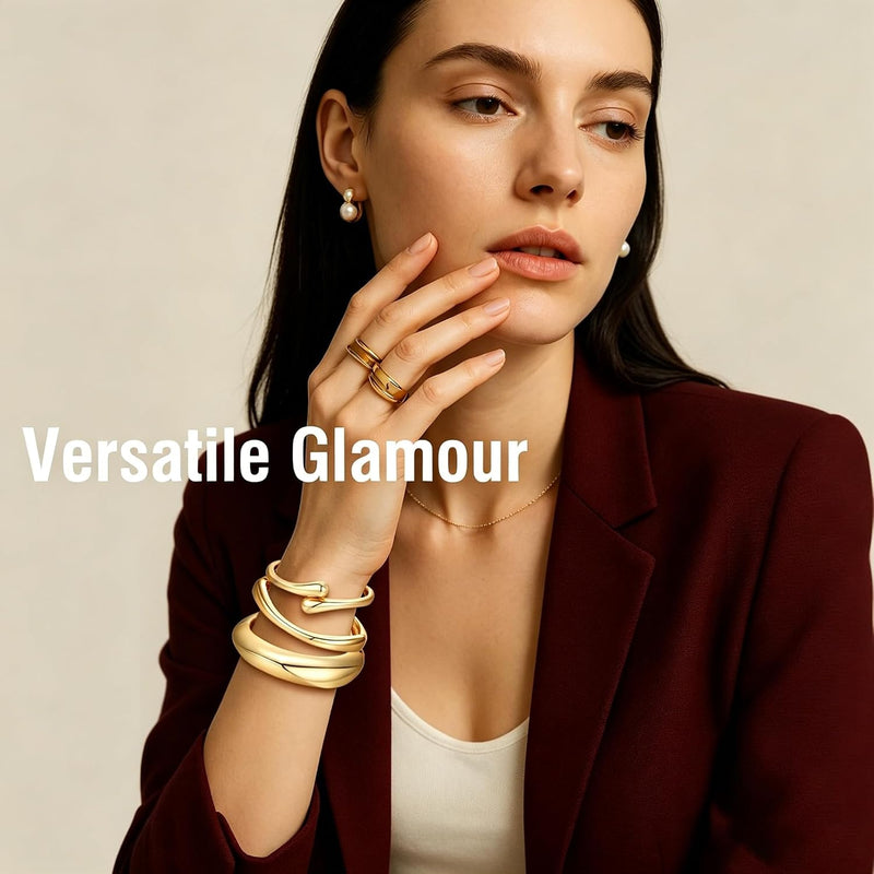 Chunky Gold Bangle Bracelets for Women Trendy 14K Gold Plated Cuff Bracelets Stack, Stackable Statement Bangles, Fashion Jewelry Set for Wedding, Party, Travel Women, Girls, Stylish Gift for Her, 3Pcs