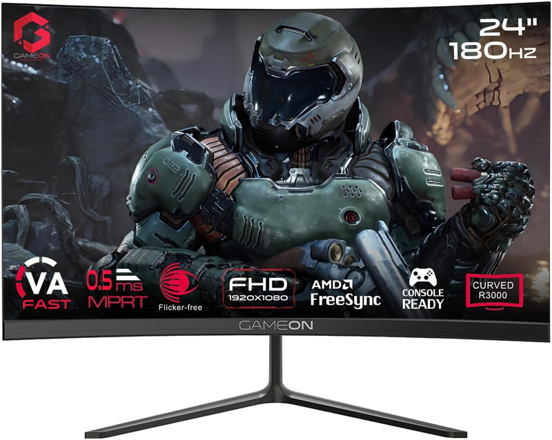 GAMEON GOC24F180VA Pro Series Curved Gaming Monitor 24 inch, 1920x1080p FHD Fast VA Panel, 180Hz, 0.5ms, HDMI 2.1, G-Sync & Freesync, Crosshair assistant, Built-in Speakers, Supports HDR, PS5, VRR
