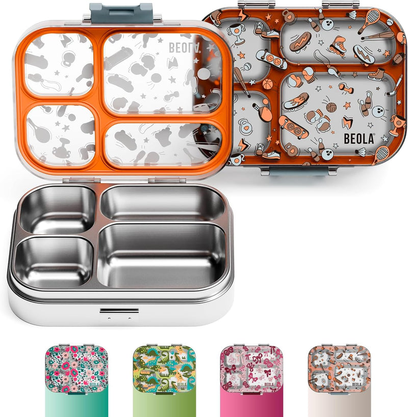 BEOLA Stainless Steel Lunch Box for Kids School, 4 Compartment Bento Box for Kids, BPA Free Tiffin with Lid, Leakproof Meal Container, Perfect as Snack Box, Lunchbox for Girls (Ever Blooming) - Sports Day