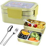 Stainless Steel Lunch Box: 1100ml 2-Layer Insulated Bento Lunch Box for Adults and kids - 304 Lunch Containers Insulated Leakproof with Tableware & Bag - Microwave & Dishwasher Safe (Khaki) - Yellow