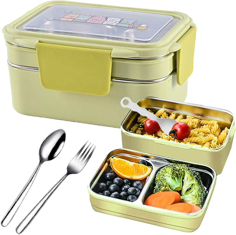 Stainless Steel Lunch Box: 1100ml 2-Layer Insulated Bento Lunch Box for Adults and kids - 304 Lunch Containers Insulated Leakproof with Tableware & Bag - Microwave & Dishwasher Safe (Khaki) - Yellow