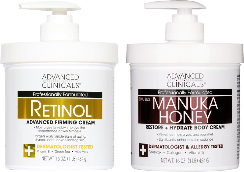 Collagen Peptides Body Lotion & Face Moisturizer Peptide Infused Collagen Lotion For Women & Men Helps Improve Look Of Crepey Skin, Wrinkles, & Uneven Dry Skin Texture, 16 Ounce - 450 g (Pack of 2) Retinol + Manuka Honey Cream Bundle