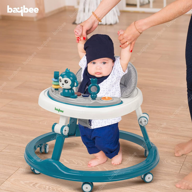 Baybee Drono Baby Walker for Kids, Round Kids Walker with 4 Seat Height Adjustable | Activity Walker for Baby with with Food Tray & Musical Bar | Walkers for Baby Boys Girls (Blue)