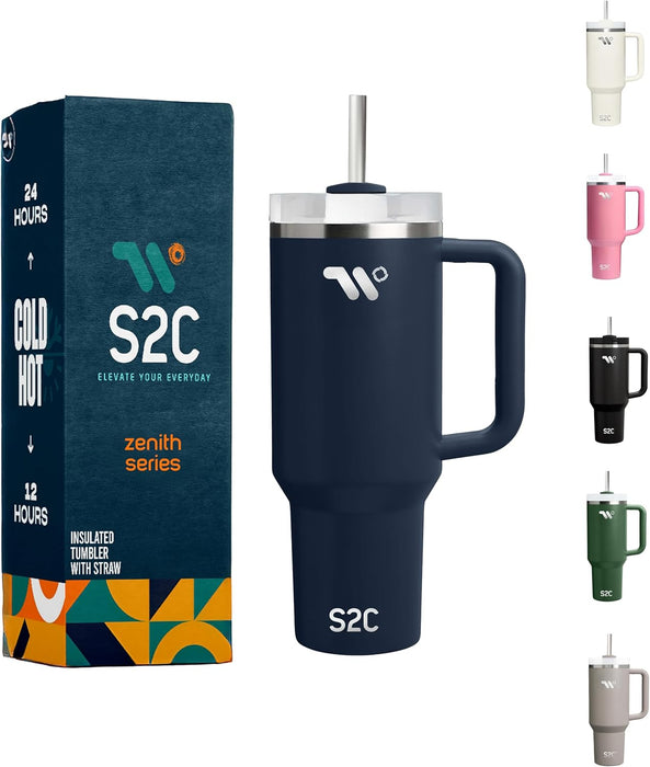 S2C 40oz Stainless Steel Tumbler with Handle & Straw – Double Wall Vacuum Insulated Mug – Leakproof, BPA-Free, Keeps Drinks Hot & Cold – Ideal for Office, Gym, Travel – Fits Car Cup Holder–(Blue)