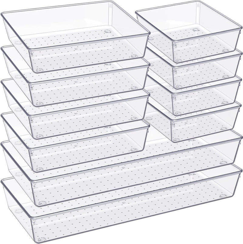Purfex 10 Pack Drawer Organiser Trays, Large Clear Plastic Drawer Organizers Set 3 Size for Bathroom ,Vanity, Storage Bins ,Makeup, Bedroom, Kitchen Cupboard, Gadgets & Utensils