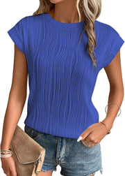 Womens Short Sleeve Summer Tops Crewneck Textured Shirts Basic T Shirt Casual Work Blouses - Blue