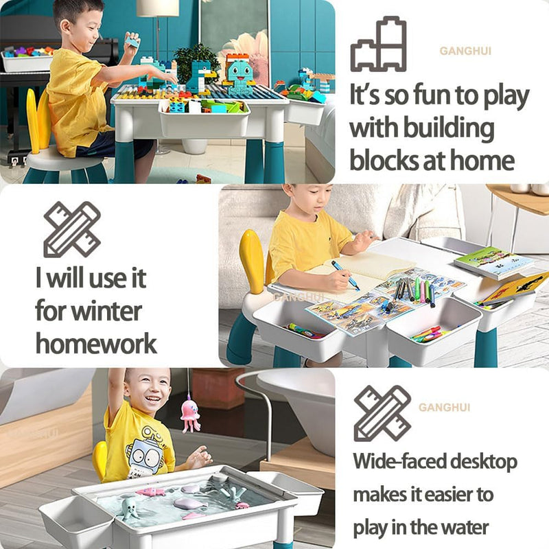 Multi-Functional Kids Activity Table & Chair Set,Building Block Play Surface,Sand/Water Station & Study Desk with Chairs - Multi-Functional Educational Toy for Boys & Girls Ages 3-8 Years - Blue A