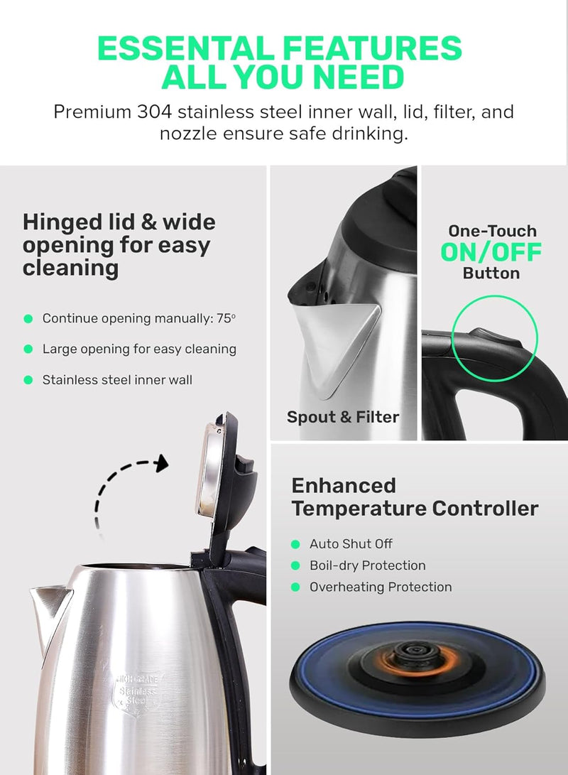 Electric Tea Kettle 1.8 L, Auto Shut Off And Boil Dry Protection, Safety Lock Lid, 360 Degree Rotational Base, Stainless Steel, Ergonomic Handle, Perfect Pour, Large Capacity 1.8 L 1500 W GK5454B