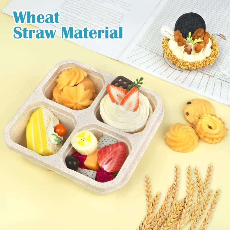 BIGTHREE 4 Pack Bento Snack Containers Set, Wheat Straw Meal Prep Lunch Box, 4 Compartment Snack Bento Boxes with Clear Lids, Microwave and Dishwasher Safe for Adults & Kids