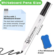 Deepton 15 Pcs Whiteboard Pens, Dry Erase Markers, White Board Markers Erasable with Magnetic Erasers, Dry Wipe Pens for Whiteboard, White Board Pens Colour for Kids Office Schools Home - Black