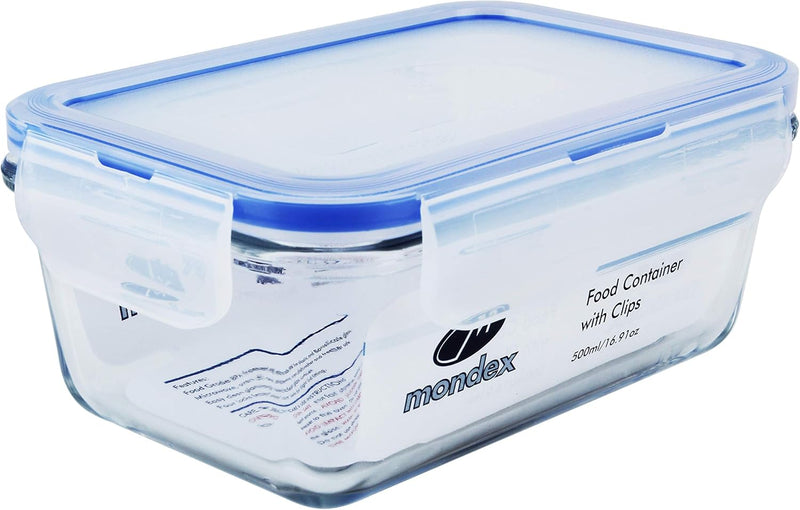 Mondex Cmn0094-96 2 Pieces Food Storage Container With Lid, Blue, 350 Ml/700 Ml, Rectangle, Glass - Rectangular 500ml