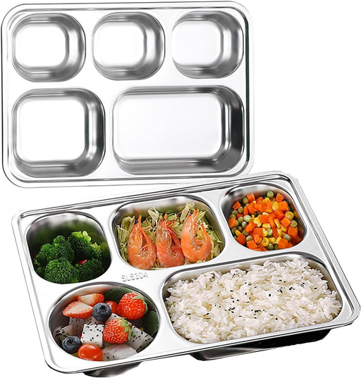 Stainless Steel Bento Box Tray Lunch Box - 2 Pack Snack Boxes & Bento Trays 5 Compartments for Kids Adult School, Lunch, Restaurant