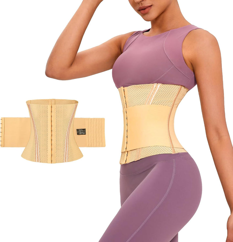 Waist Cincher Corset Women's Shapewear Waist Shaper Breathable Mesh Waist Belt Tummy Tuck Corset Waist Trainer with Double Level 6 Rows Hooks - beige