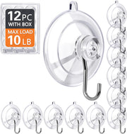 KORCCI Suction Cup Hooks 12Pack - Max Load 10LB, 1.77Inch Clear Small Suction Cups, No Trace, Reusable & Removable Suction Cup with Stainless Steel Hooks, for Tile Glass Window Shower Kitchen Bathroom - 12pc-Medium Size