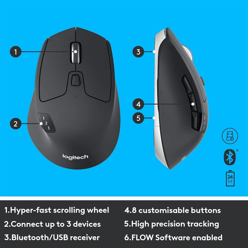 Logitech MK850 Multi-device wireless keyboard and mouse, Bluetooth 2.4 GHz, flexible frame and wireless, 12 programmable keys, battery life 3 years, PC/Mac, QWERTY UK design - Black