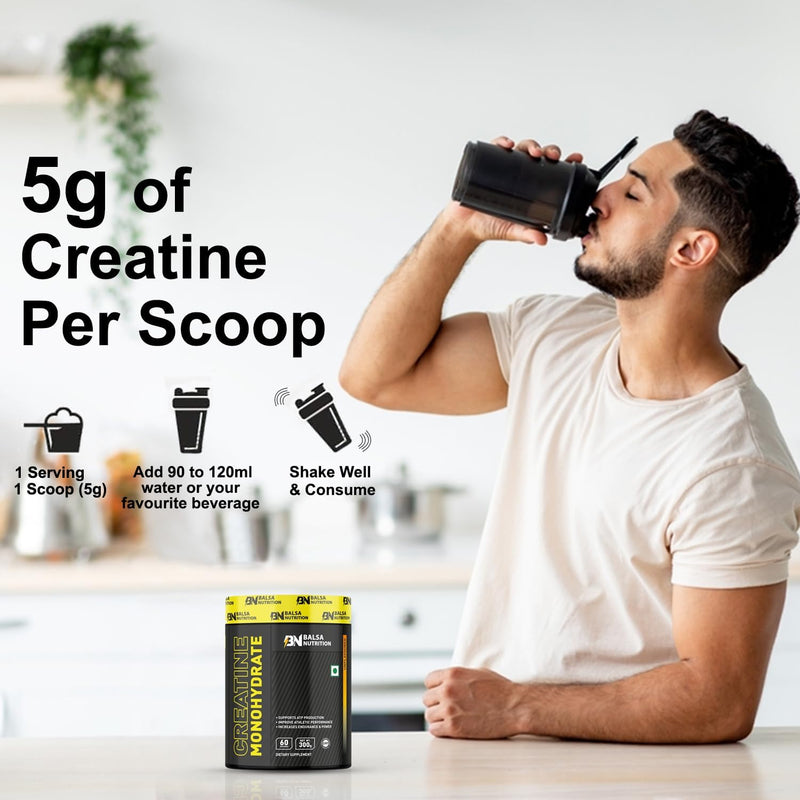 Balsa Nutrition Creatine Monohydrate Powder- 300g, 5g Per Serving (Unflavored) Supports Muscle Strength, Workout & Performance Recovery, Produce Energy, Immune Booster Non- GMO