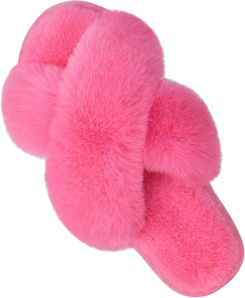 Women's Cross Band Slippers Soft Plush Furry Cozy Open Toe House Shoes Indoor Outdoor Faux Rabbit Fur Warm Comfy Slip On Breathable