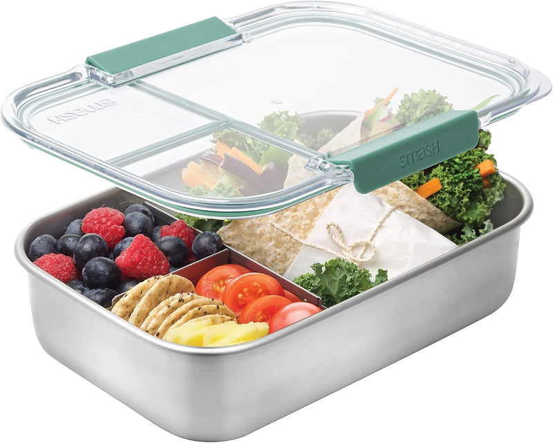 Smash LS-2135 Stainless Steel Microwave Safe 3 Compartment Bento Lunch Box, 1300 milliliters, Sage - Sage 1300ml