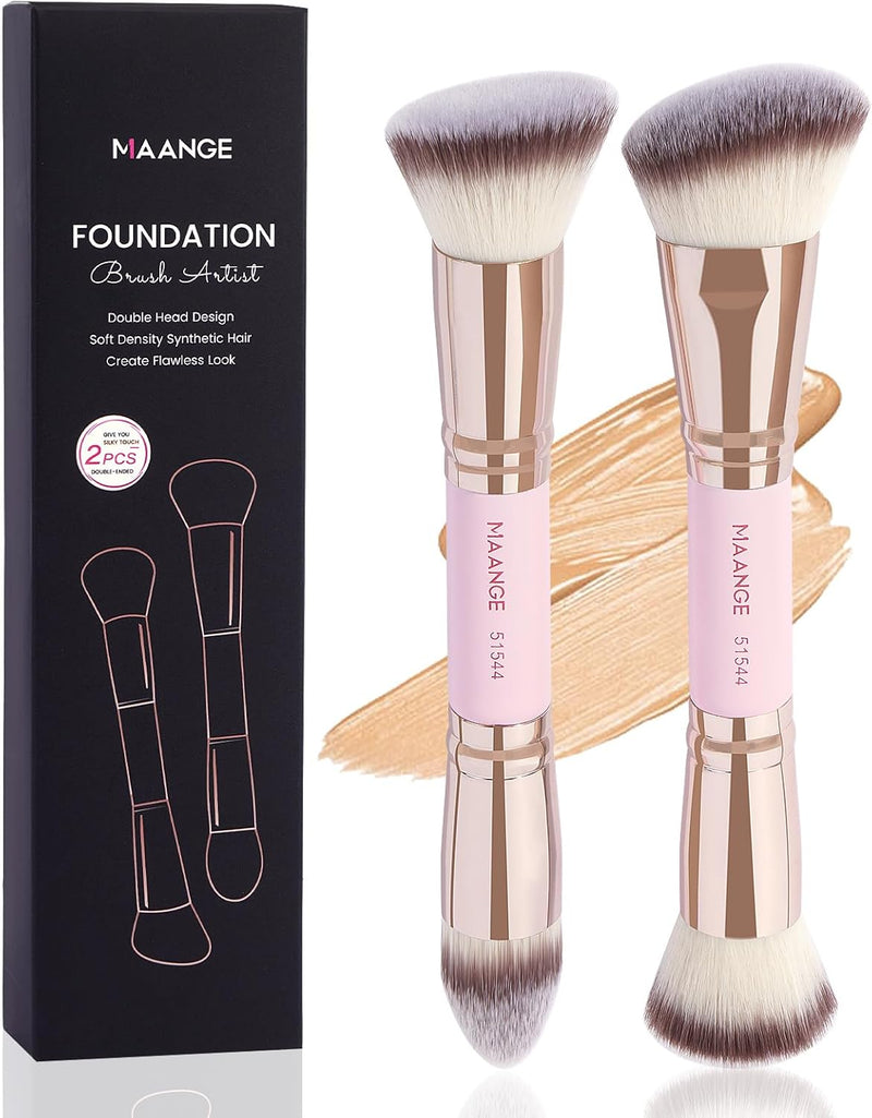 MAANGE Foundation Makeup Brushes, 2Pcs Premium Double-Ended Makeup Brush (Flat/Angled/Angled Round/Tapered Top) for Buffing Liquid, Cream, Powder, Blending Contour Face Brush(Black/Gold)