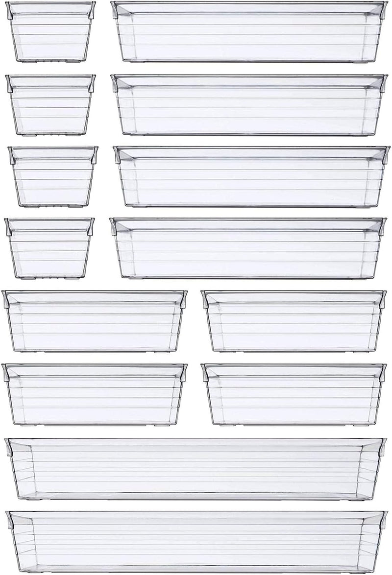 DCA 14 PCS Clear Plastic Drawer Organizer Tray for Makeup, Kitchen Utensils, Jewelries and Gadgets