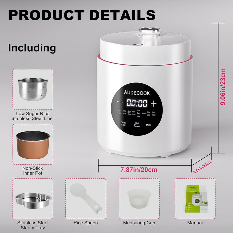 Audecook Low Sugar Rice Cooker ,AC1508,Compact Design Pressure Rice Cooker, Easily Steams Steel and Rolled Oats, With Low Carb Rice Cooker Steamer Set (White)