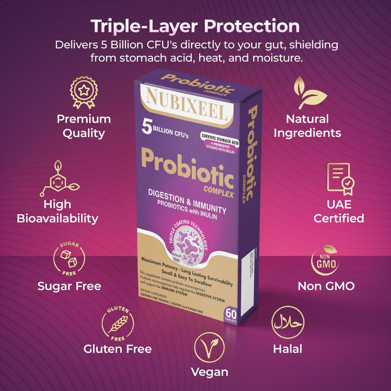 Premium Probiotic 5 Billion CFU Tablets with Prebiotics & Lactobacillus Digestive, Immune & Skin Health Support for Women & Men Gluten-Free Sugar-Free Halal Certified Gut Health