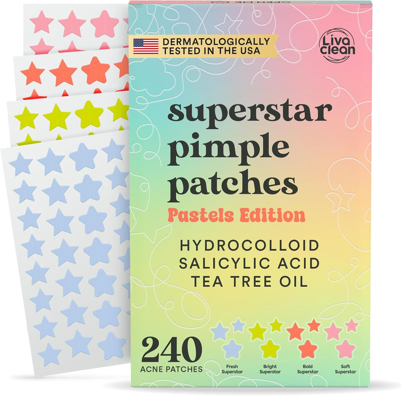 LivaClean Star Pimple Patches for Face w/Hydrocolloid, Salicylic Acid & Tea Tree, 240 Patches, Hydrocolloid Acne Patch, Cute Star Pimple Patch for Healing Stickers Zit Superstar
