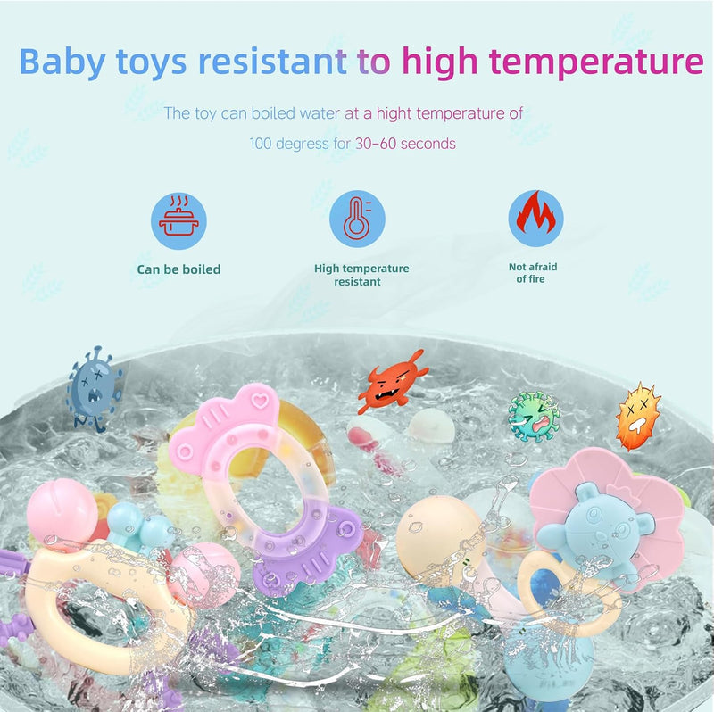 Baby Teether Toy Rattle for Baby Toys 0-12 Months Plus with Storage Box -14 Pcs BPA Free Soft Silicone Teething Toys Newborn Baby Sensory Toys Gifts 3 6 9 12 Months for Early Educational (14Pcs)