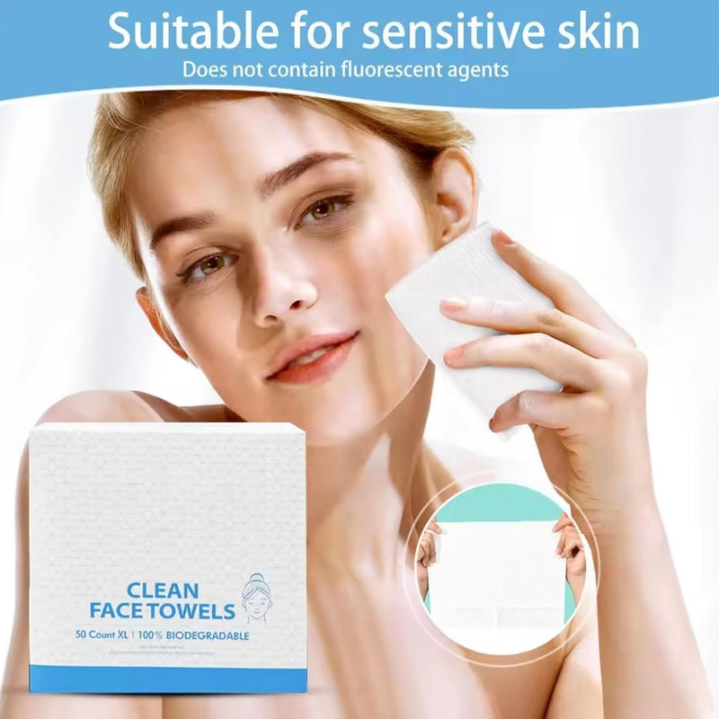 Disposable Face Towel, Biodegradable Extra Thick Soft Large Clean Facial Towels, Plant Fiber Washcloth Dry Wipes for Sensitive Skin, Travel, Makeup Remover - 50 Count (White)