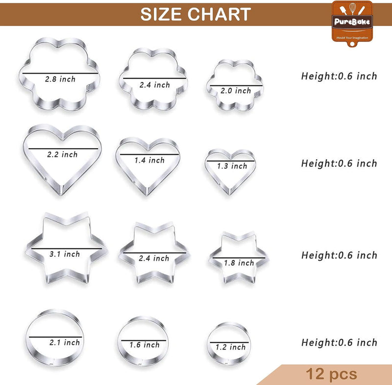 PureBake Cookie Cutters Shapes Baking Set, 12PCS Flower Round Heart Star Shape Biscuit Stainless Steel Metal Molds Cutters for Kitchen Baking Halloween Christmas Small Cookie Cutters